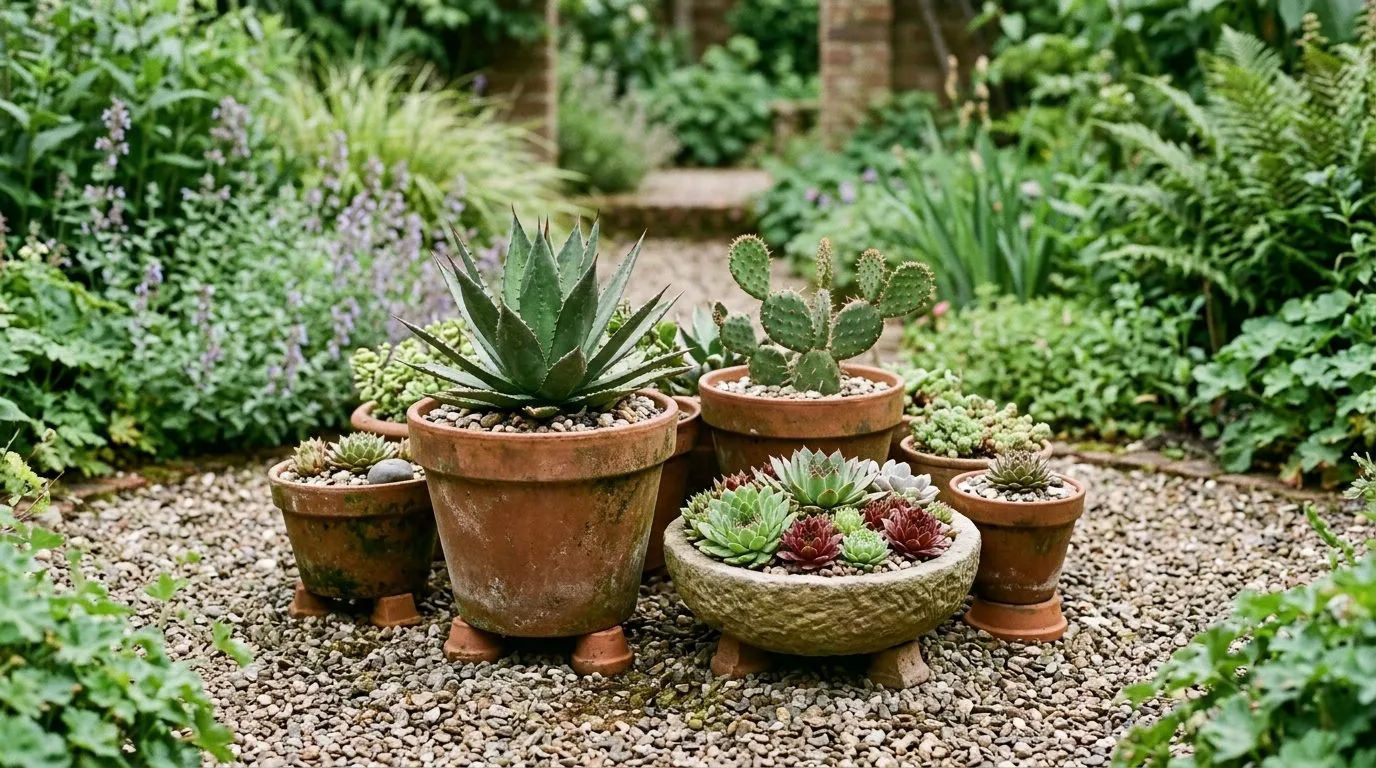 Terracotta pots of Agave, Sempervivum, and Opuntia raised on pot feet on a gravelled patio