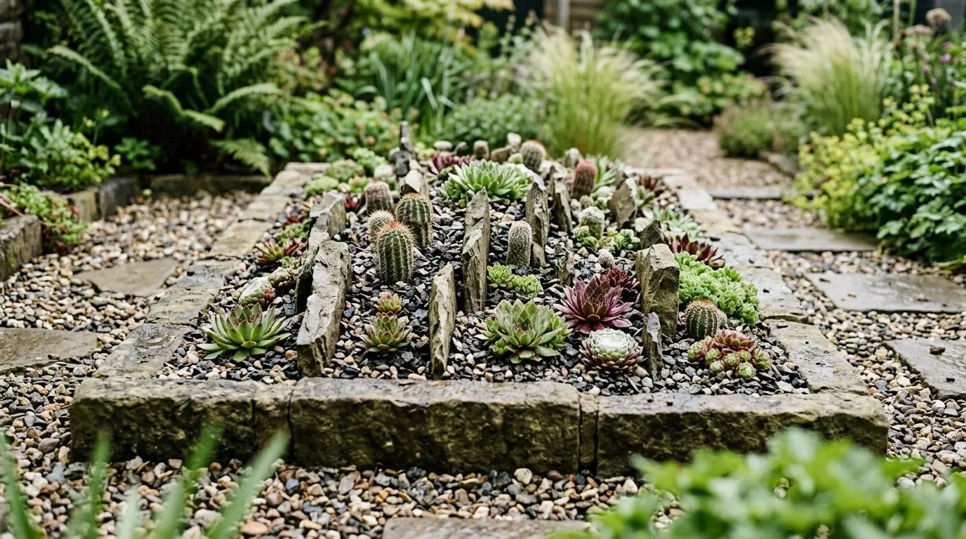 A freshly built raised crevice bed of sharp grit and angular limestone planted with small hardy cacti