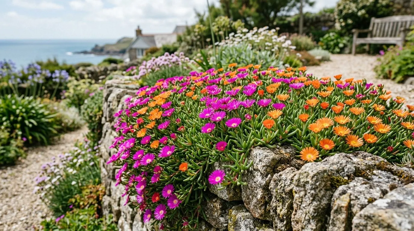 Hardy Delosperma ice plant in magenta and orange flower spilling over a dry-stone wall