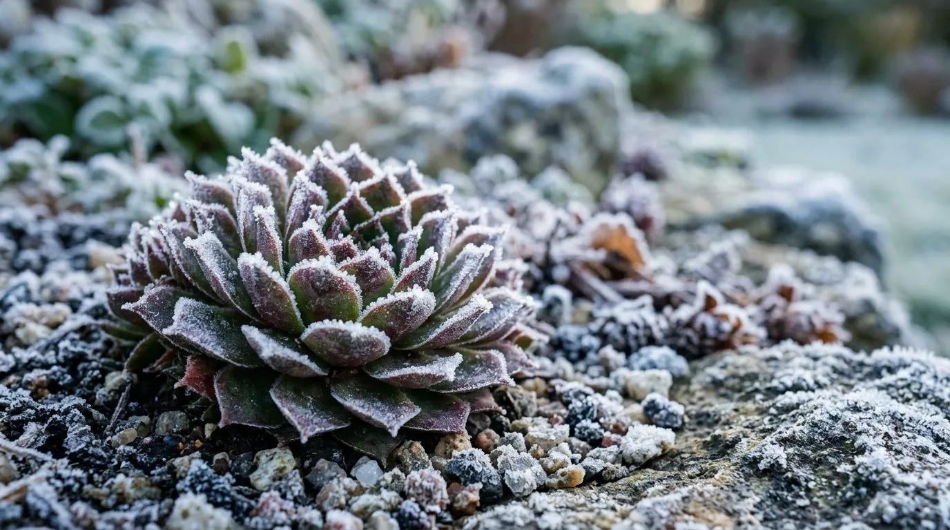 A single Sempervivum rosette rimmed with white winter frost on a cold morning