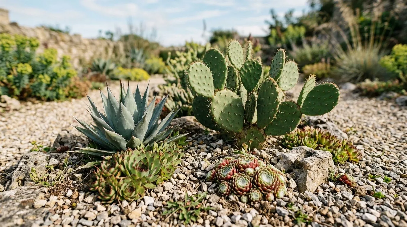 Opuntia prickly pear pads, a blue Agave, and Sempervivum houseleeks in a sunny gravel garden