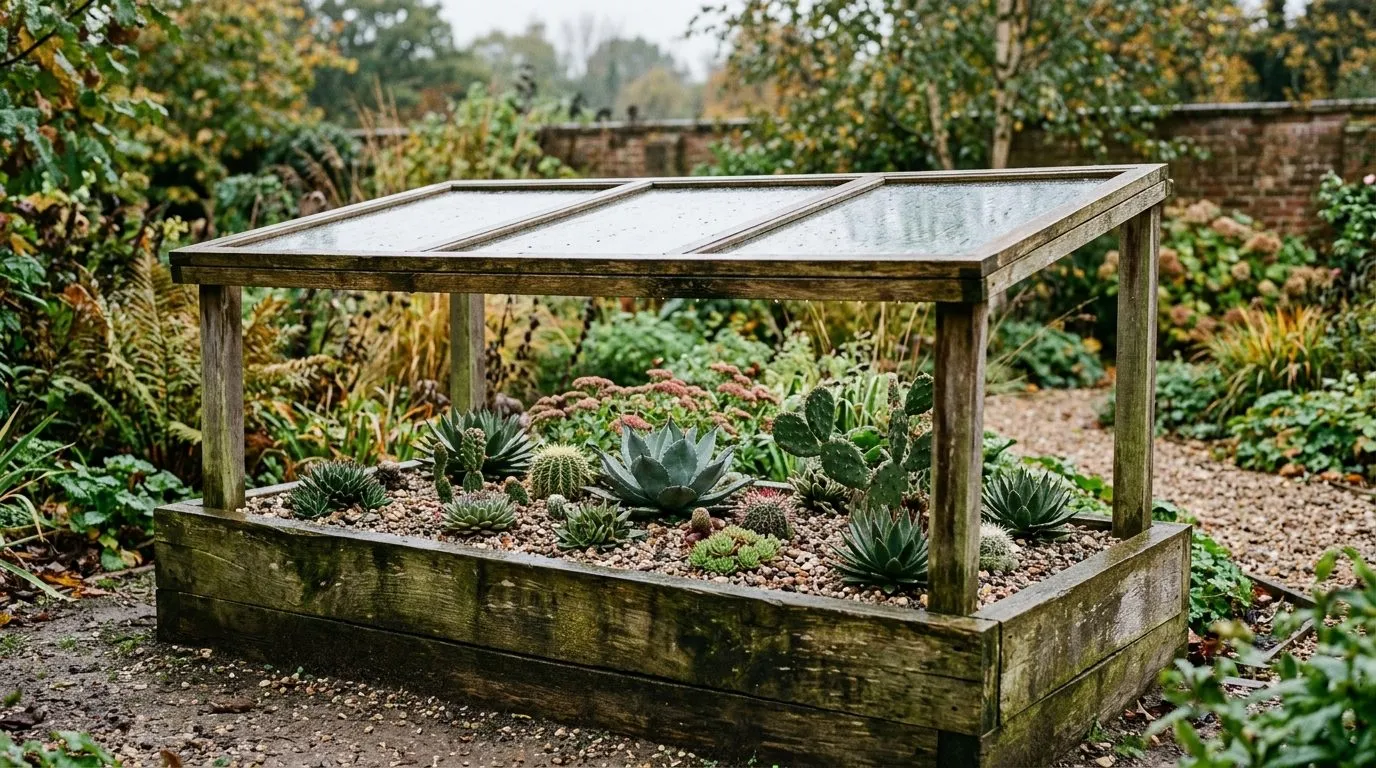 A raised succulent bed sheltered by a clear rain cover propped on a low frame in autumn