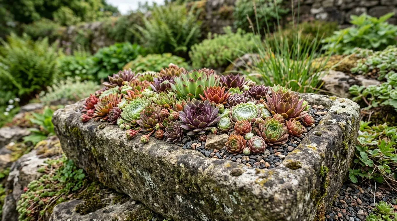 Sempervivum houseleeks crammed into a weathered stone trough on a rockery