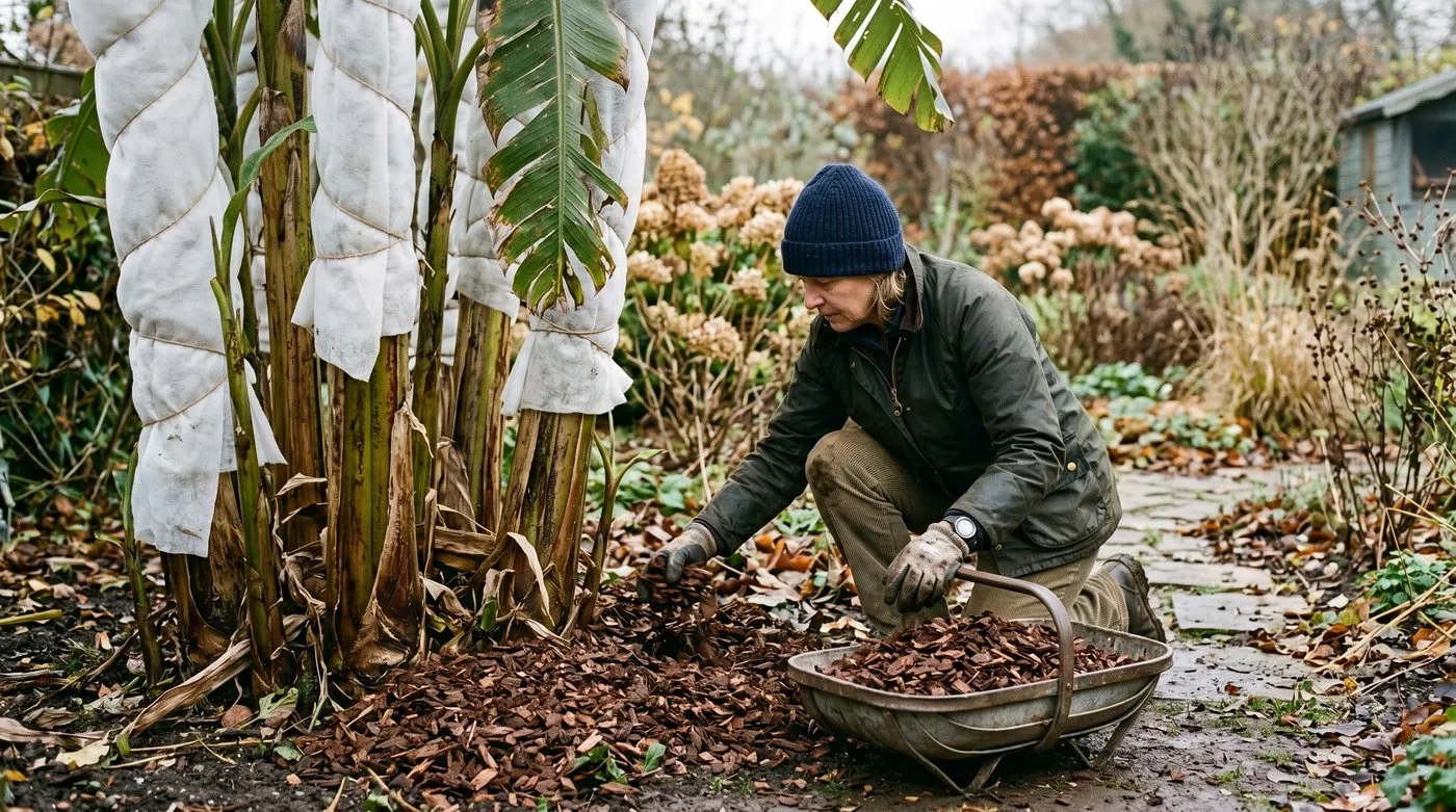 UK gardener mulching Musa basjoo banana plant base with bark in November before winter