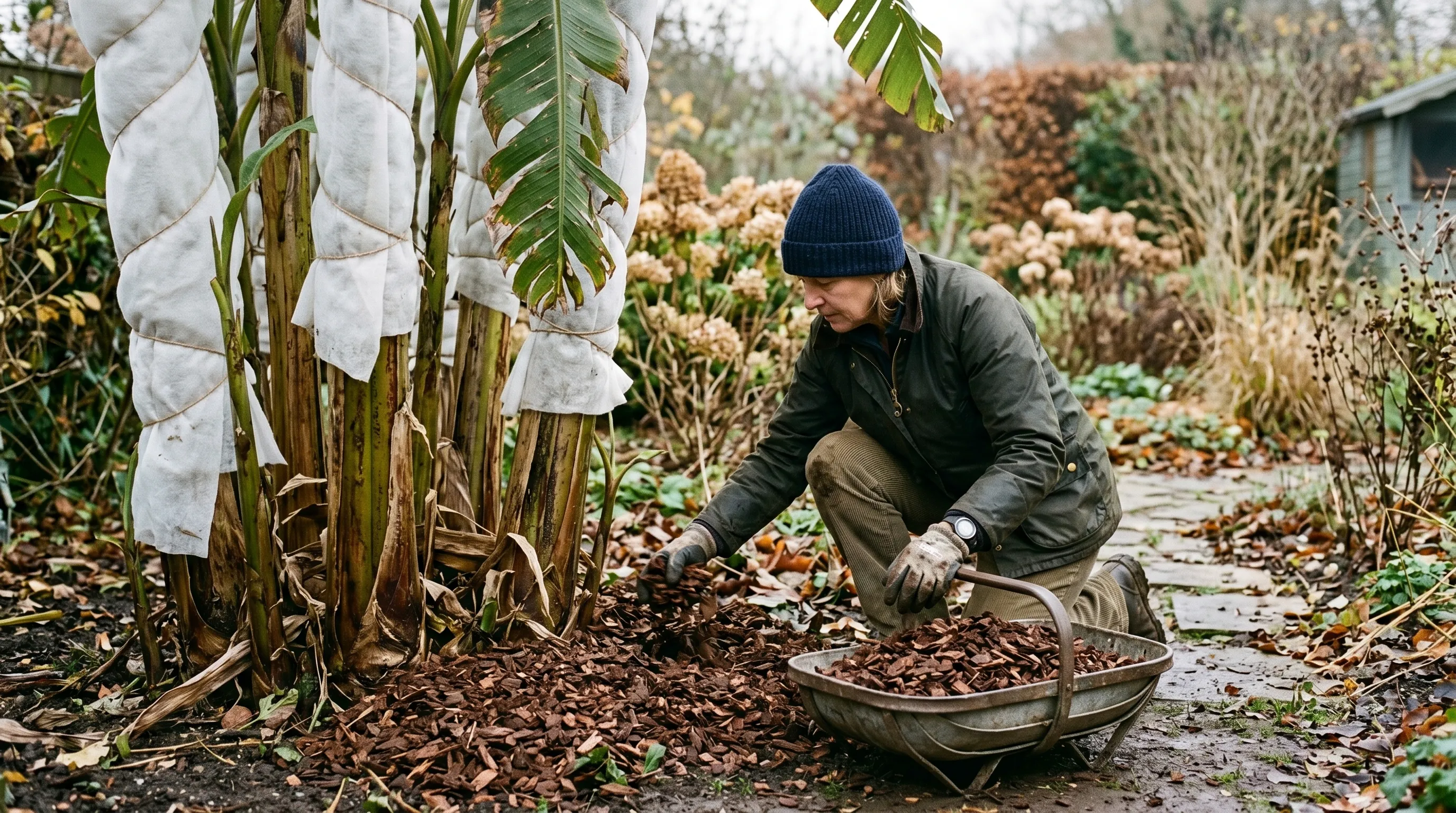 UK gardener mulching Musa basjoo banana plant base with bark in November before winter