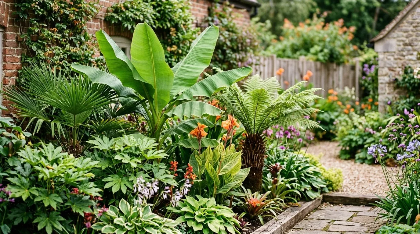UK garden scene showing hardy exotic tropical plants in seasonal context