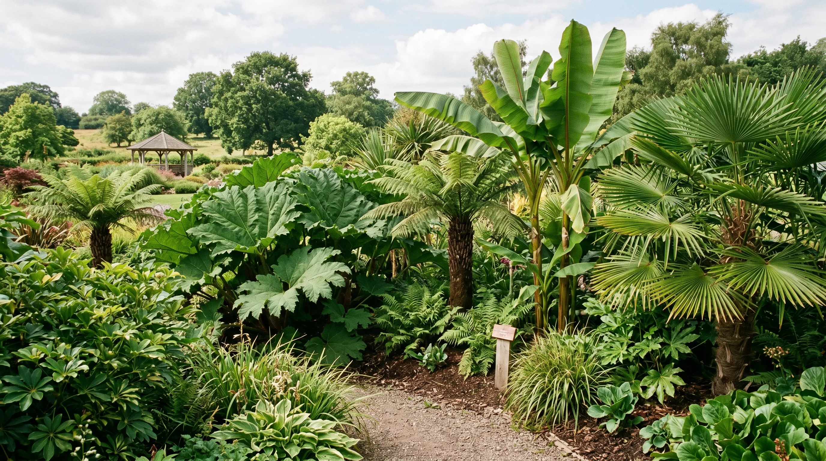 Hardy exotic UK garden showing banana plants tree ferns gunnera and trachycarpus palm in summer at a Staffordshire trial garden