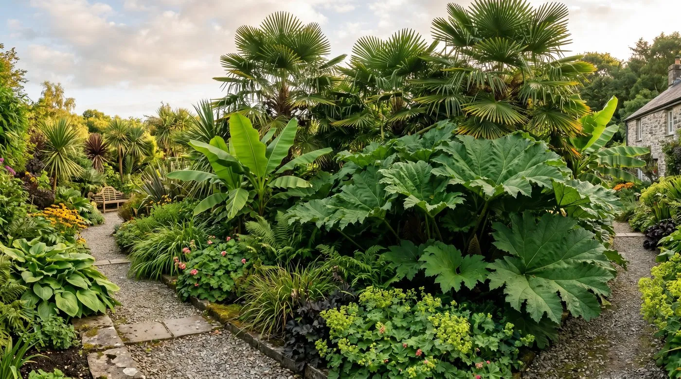 Hardy exotic UK garden bed in late summer showing layered planting with palm canopy banana mid-storey and gunnera ground cover