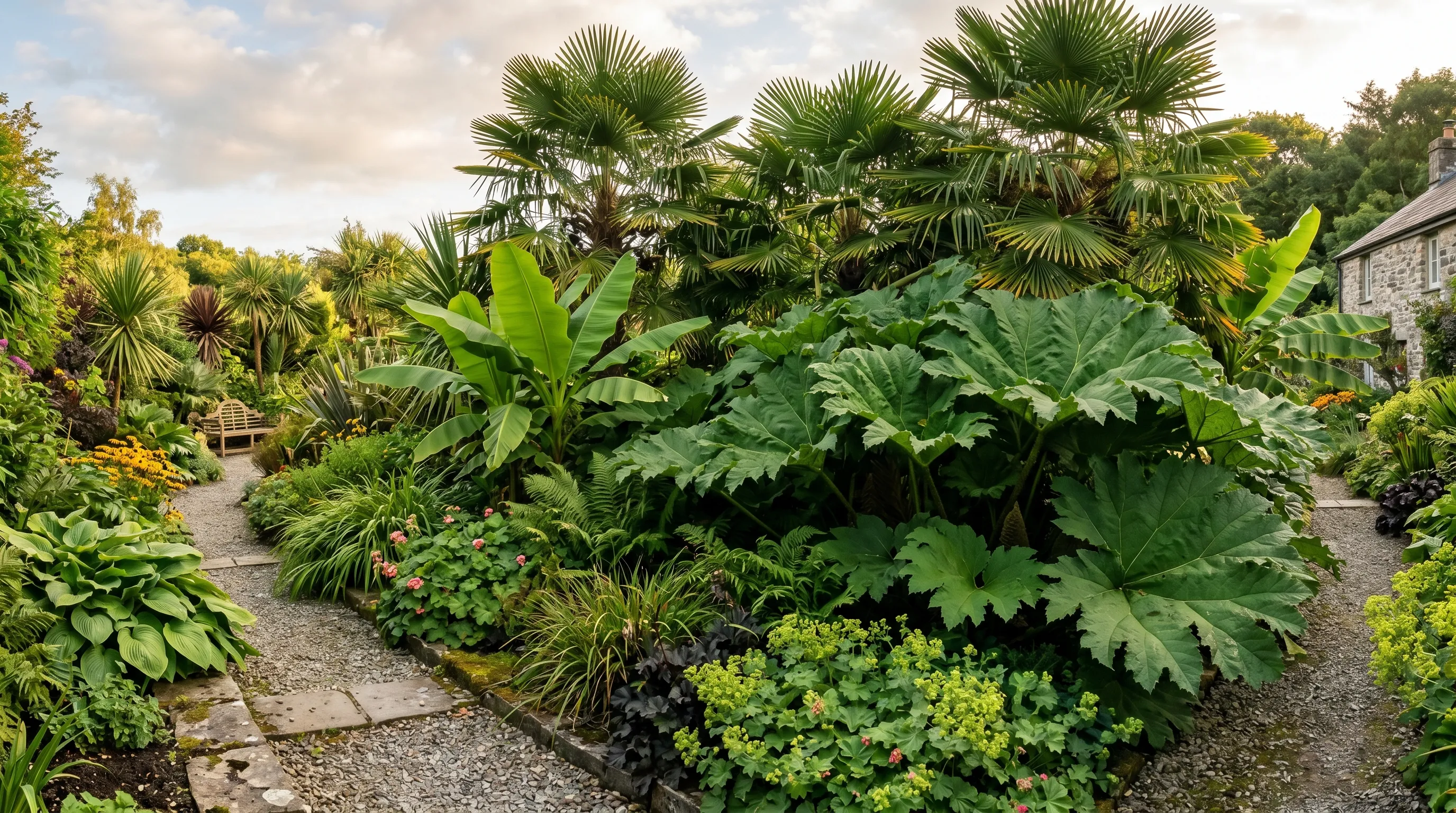 Hardy exotic UK garden bed in late summer showing layered planting with palm canopy banana mid-storey and gunnera ground cover
