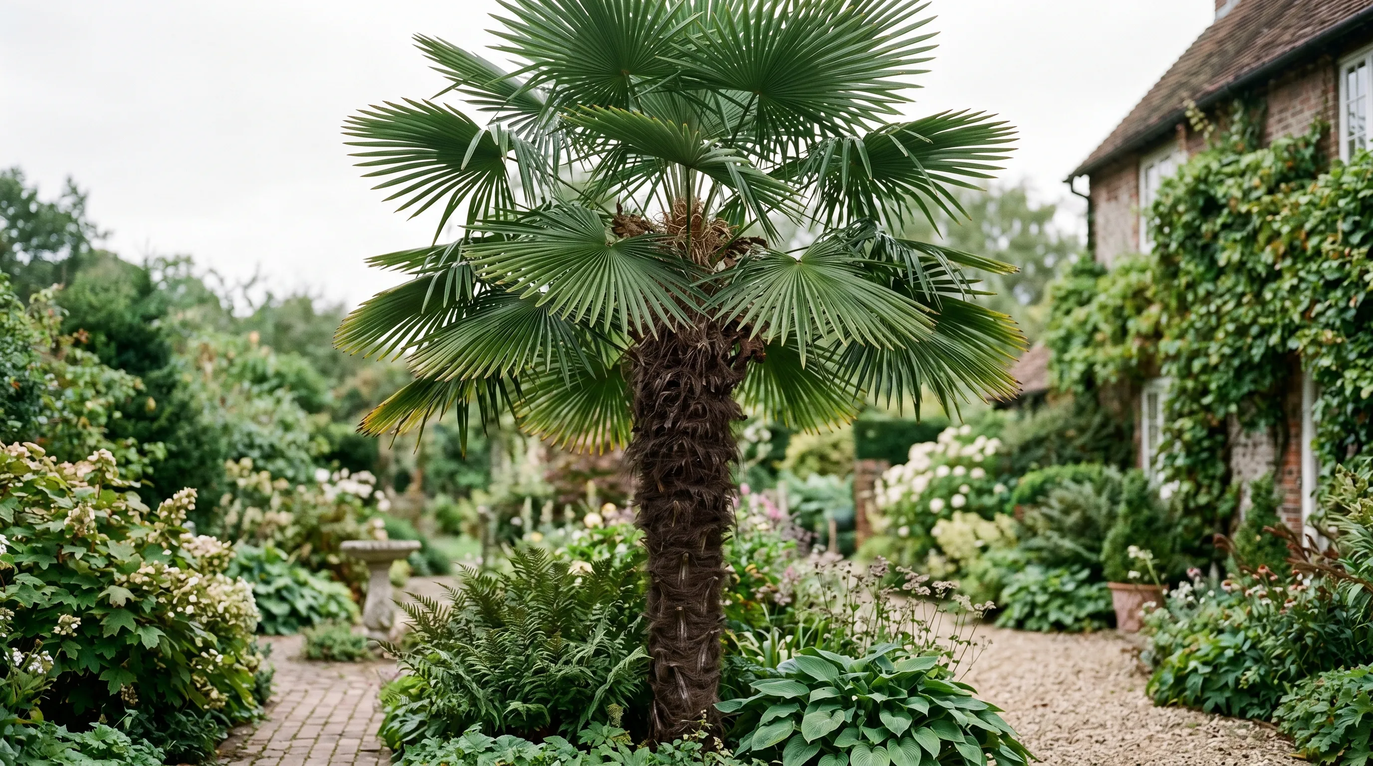 Trachycarpus fortunei Chusan palm mature specimen in UK garden showing fan-shaped fronds and tall trunk hardy to minus 15C