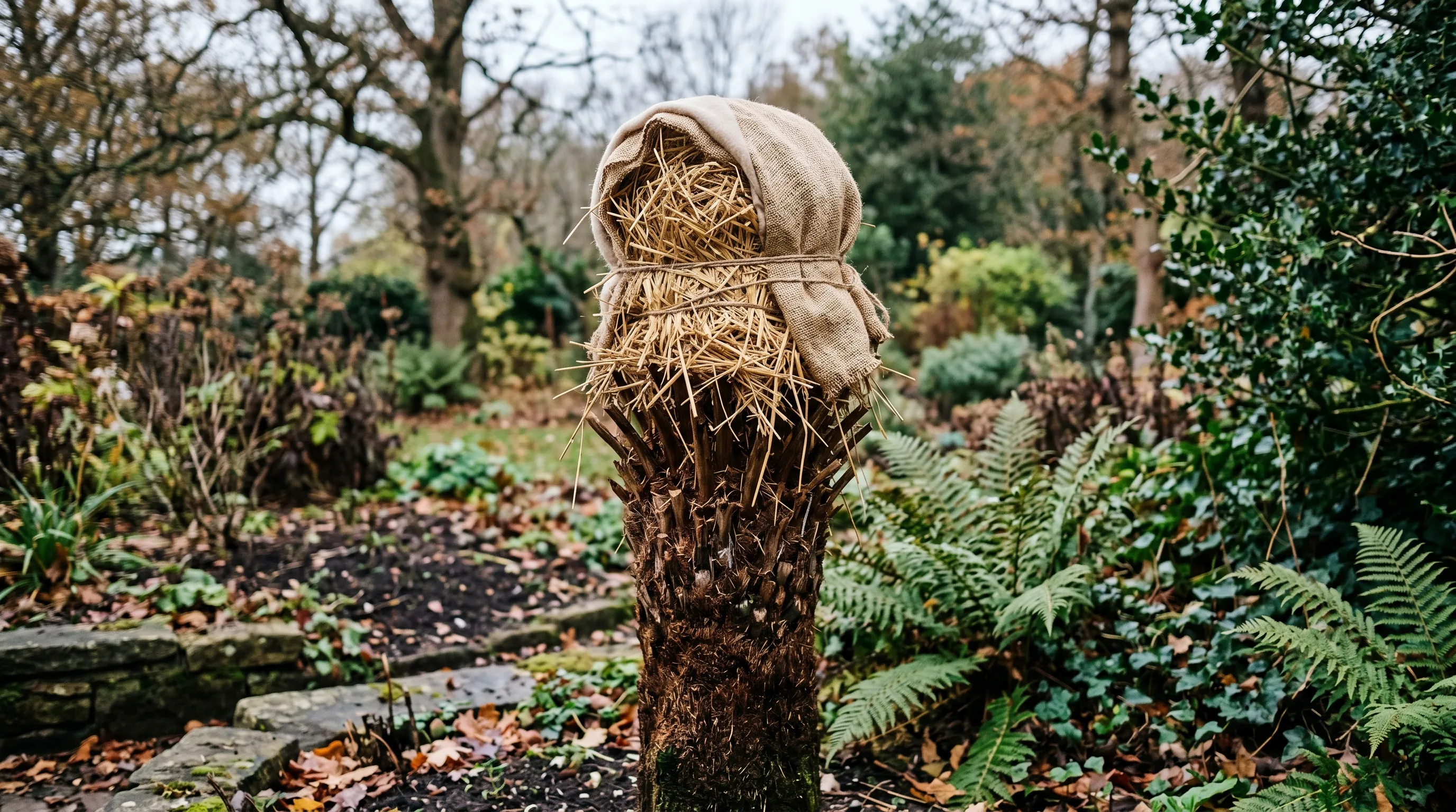 Dicksonia antarctica tree fern with crown packed with straw for UK winter protection late November in Staffordshire garden