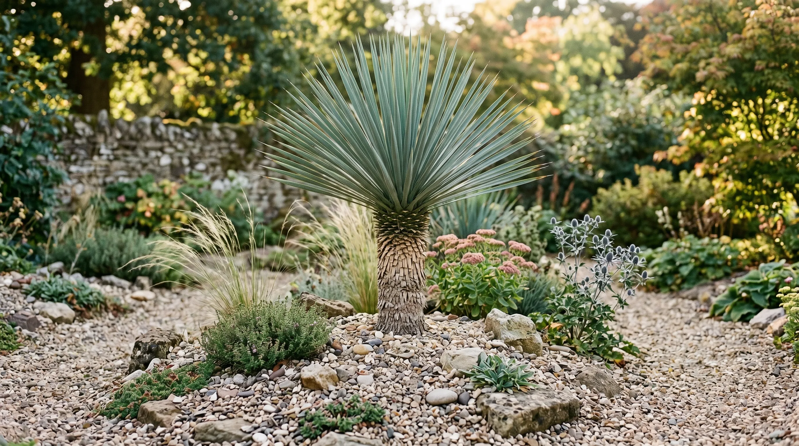 Yucca rostrata blue swords in UK gravel garden showing dry-loving exotic survives heavy clay with grit amendment