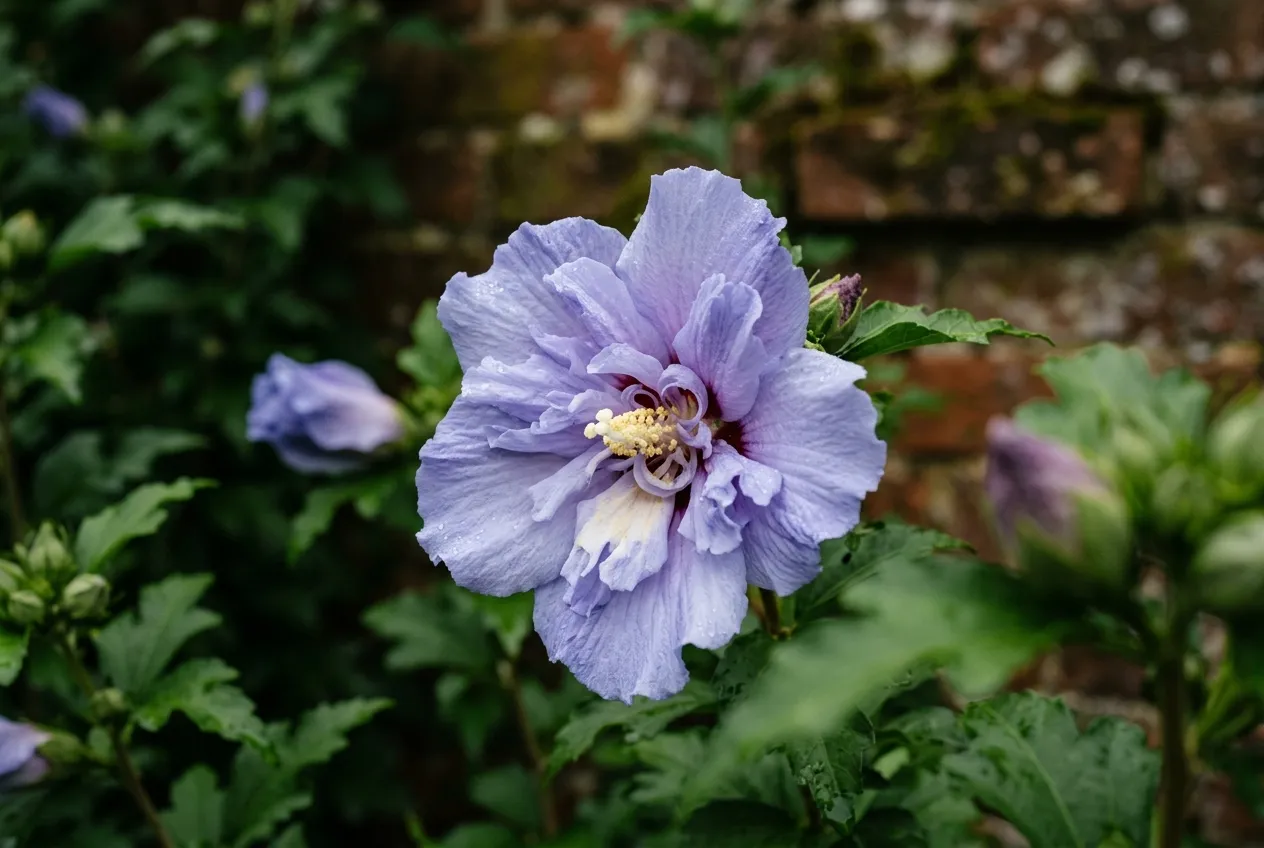 Hardy hibiscus Blue Chiffon semi-double flower close-up against a brick wall garden