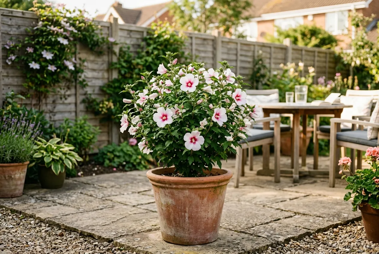 Hardy hibiscus growing in a terracotta container on a UK patio with pink and white flowers