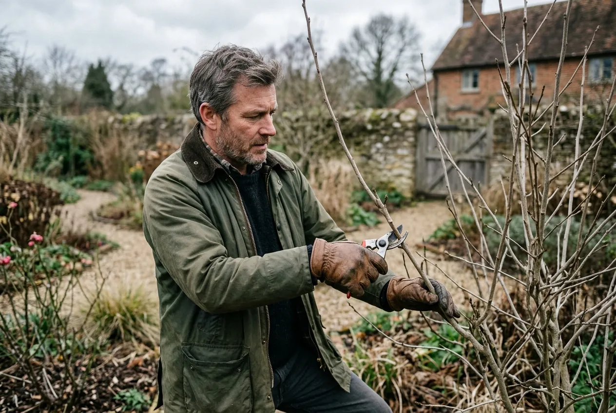 Gardener pruning a hardy hibiscus shrub with bypass secateurs in late winter