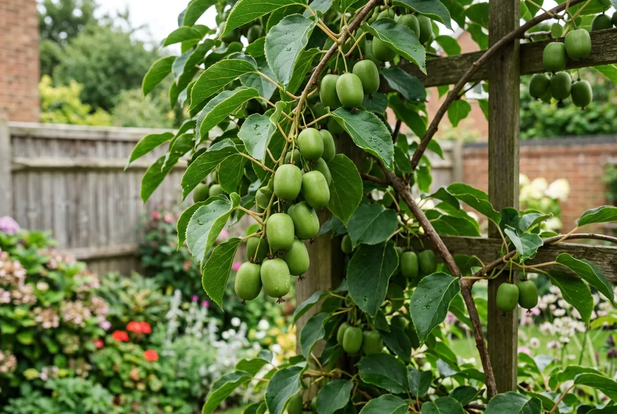 Hardy kiwi berries growing in clusters on a vine in a UK garden