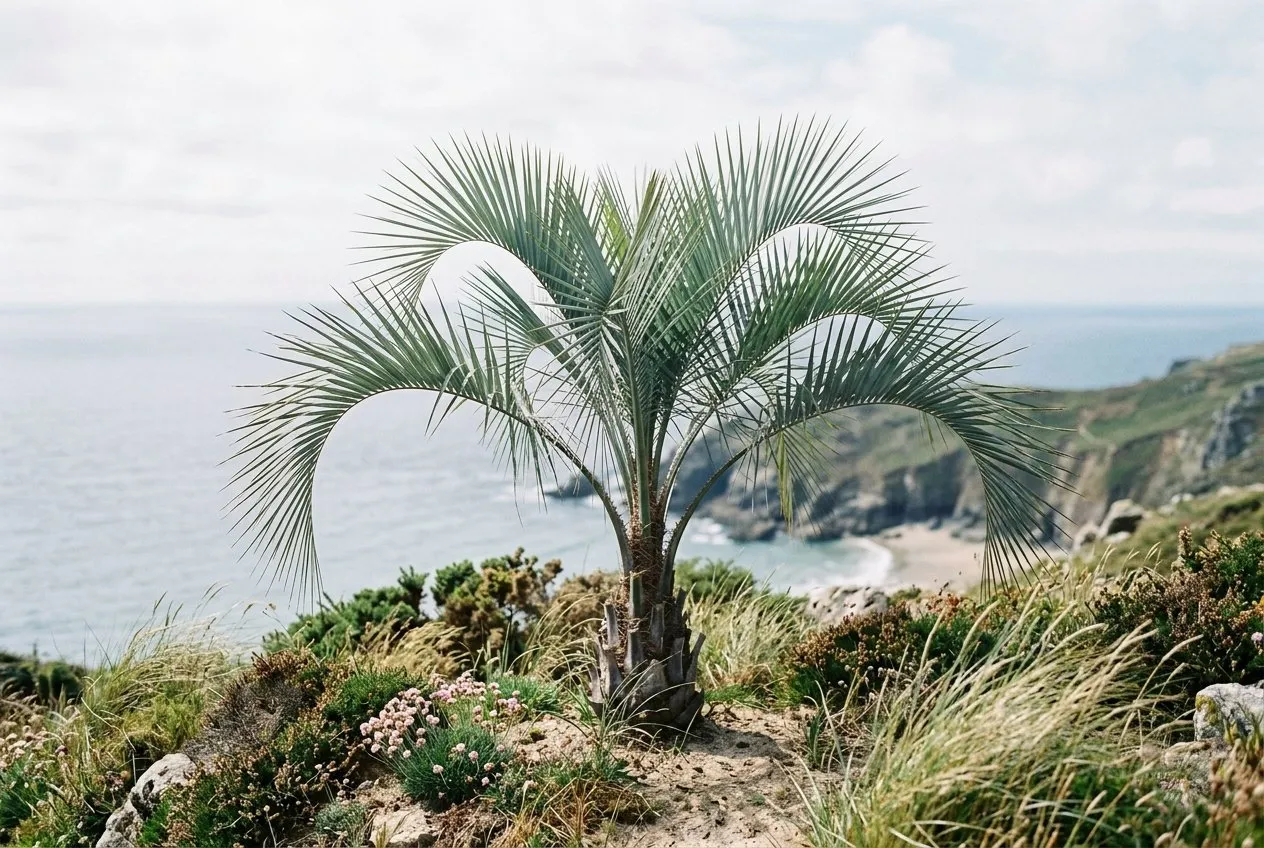 An arching blue-grey Butia capitata jelly palm with feather-shaped fronds in a coastal Cornish garden near the sea