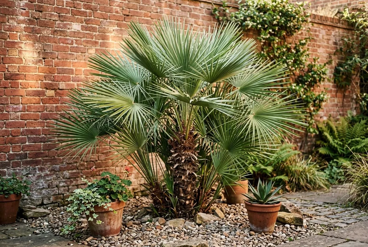 A bushy multi-stemmed Chamaerops humilis European fan palm in a sheltered UK city courtyard against a warm brick wall