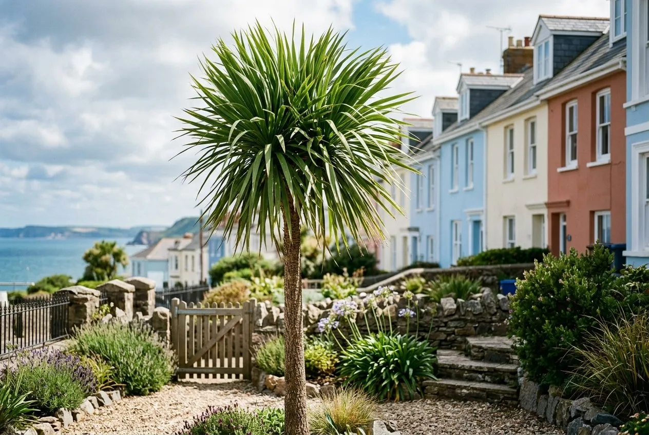 A Cordyline australis cabbage palm with a fountain of strappy green leaves on a single trunk in a UK seaside front garden