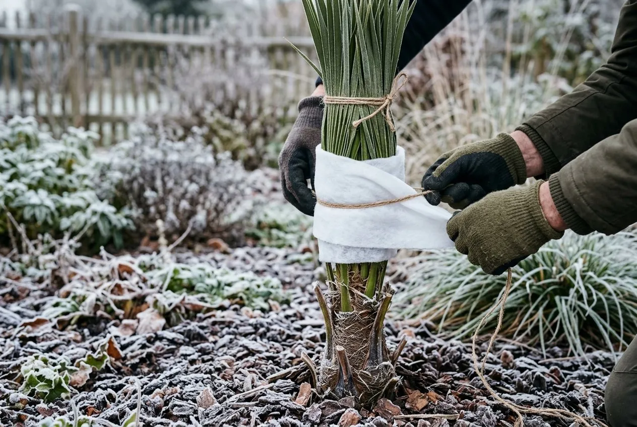 Hands wrapping the tied-up crown of a young palm in horticultural fleece for winter protection in a frosty UK garden