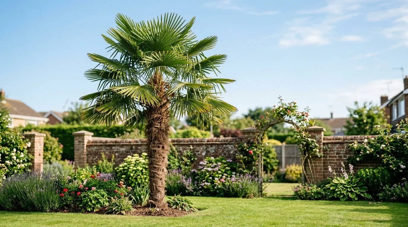 A tall mature Trachycarpus fortunei windmill palm standing in a sunny suburban UK garden, fan-shaped fronds against a clear sky