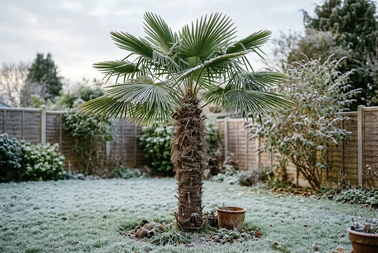 A mature Trachycarpus fortunei windmill palm in a suburban Staffordshire garden, fibrous brown trunk and a crown of stiff fan-shaped fronds