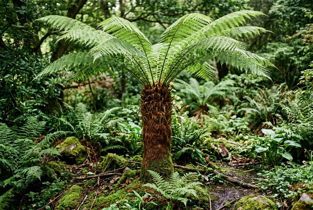 A Dicksonia antarctica tree fern with a fibrous trunk and large arching fronds in a shady sheltered exotic corner of a UK garden