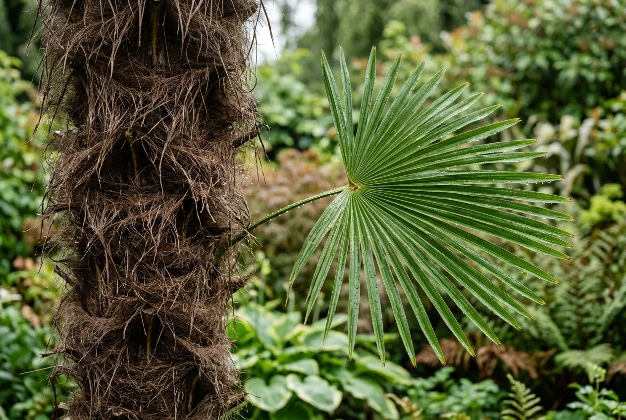 A close-up of the hairy fibrous trunk of a Trachycarpus fortunei beside a fan-shaped frond, water beading on the surface after rain