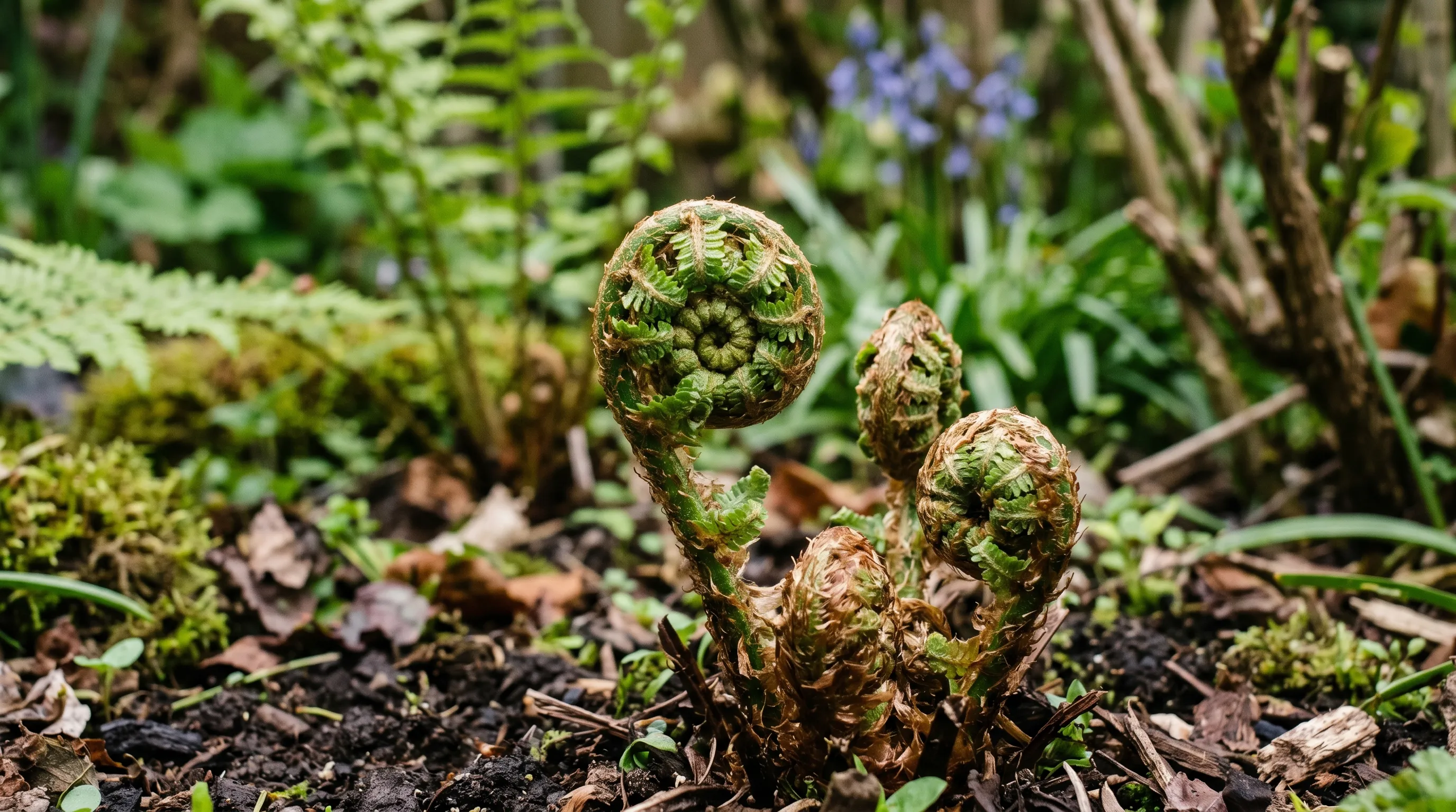 A close-up of new fern croziers (fiddleheads) unfurling in April on a hardy Dryopteris filix-mas in a UK garden, the spiralled new growth visible in detail