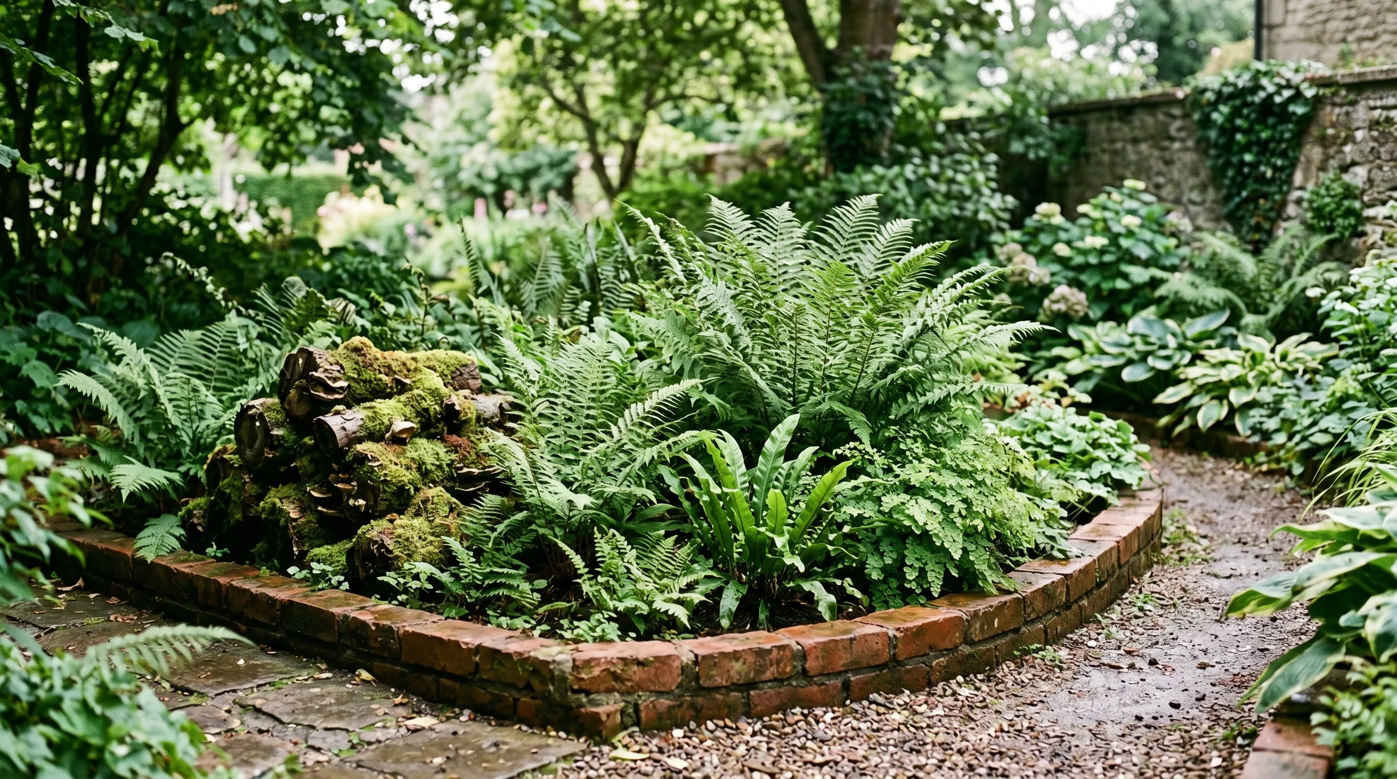 A UK shade garden corner showing a developing fernery with a brick edged border, a small log pile with moss, and ferns of varying heights creating a Victorian-style display
