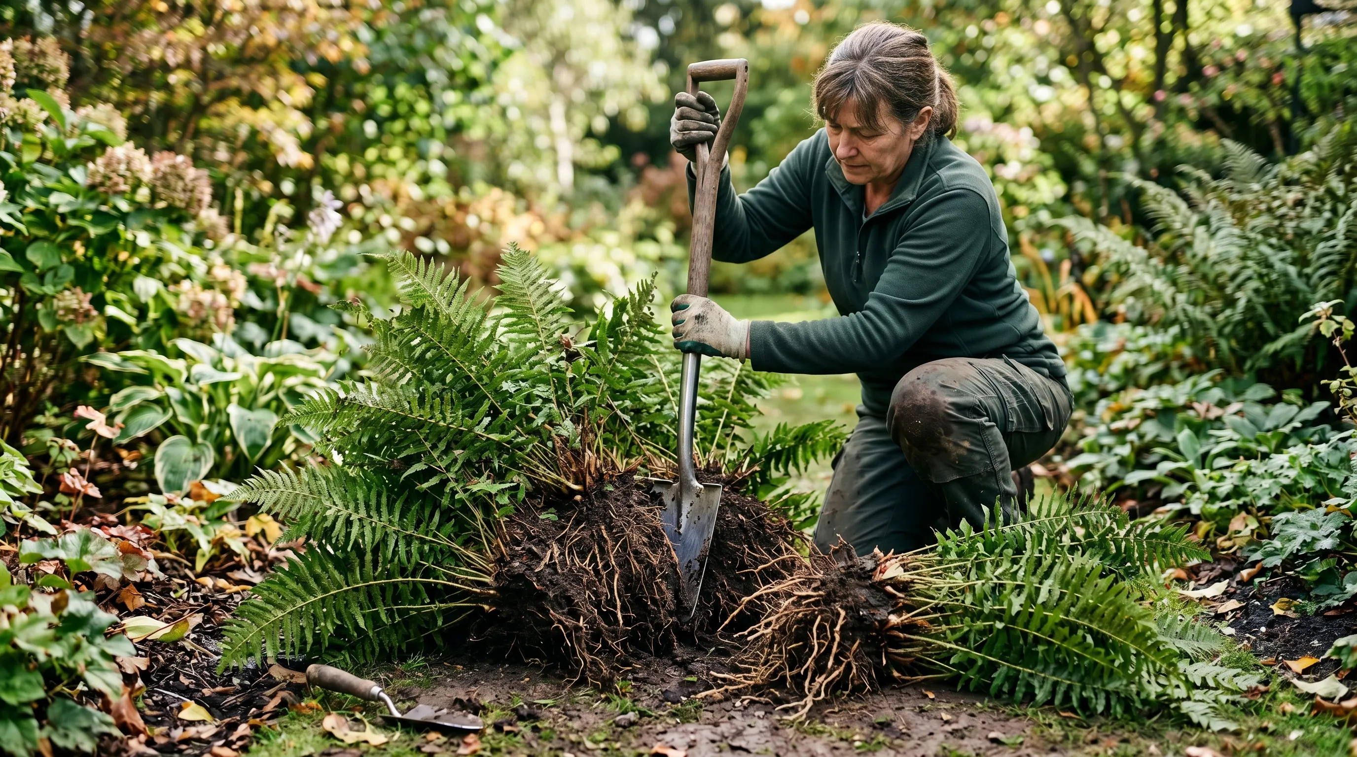 A UK gardener dividing a mature Polystichum setiferum clump in September with a sharp spade, cutting the rootball into three even sections each with visible crowns and roots