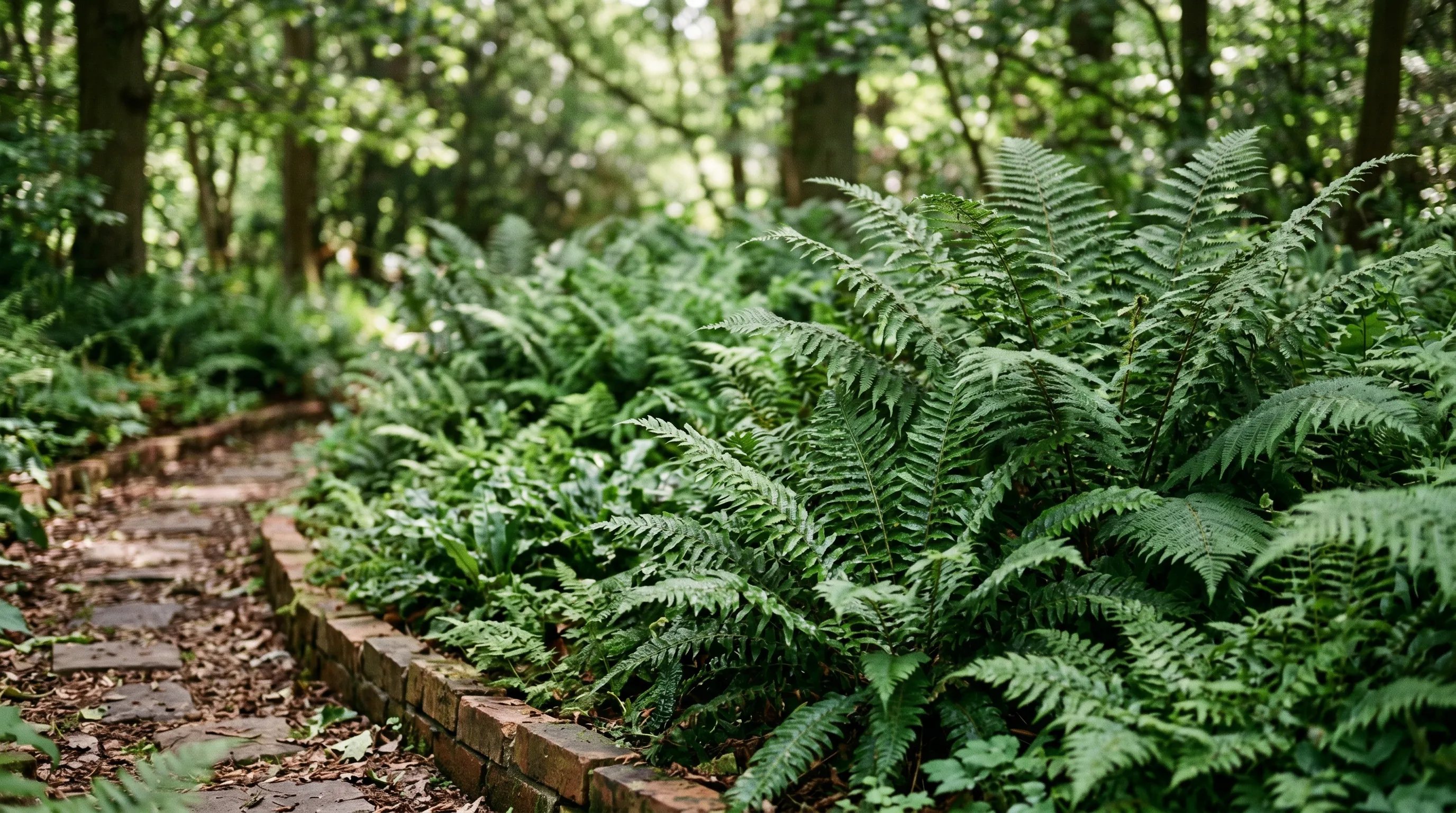 A UK shade garden fernery showing massed hardy ferns including Dryopteris and Polystichum in a brick-edged border under deciduous tree shade