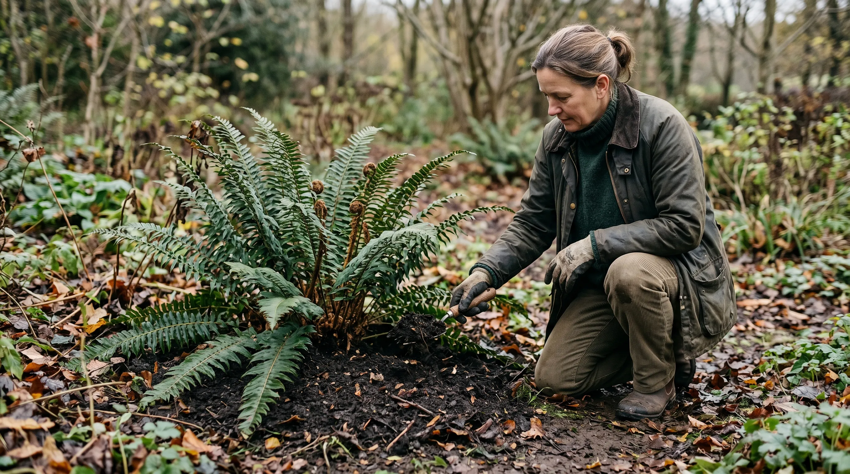 A UK gardener applying a 50mm layer of dark leafmould mulch around the base of a hardy fern in November, with the leafmould visible against the dark green fronds