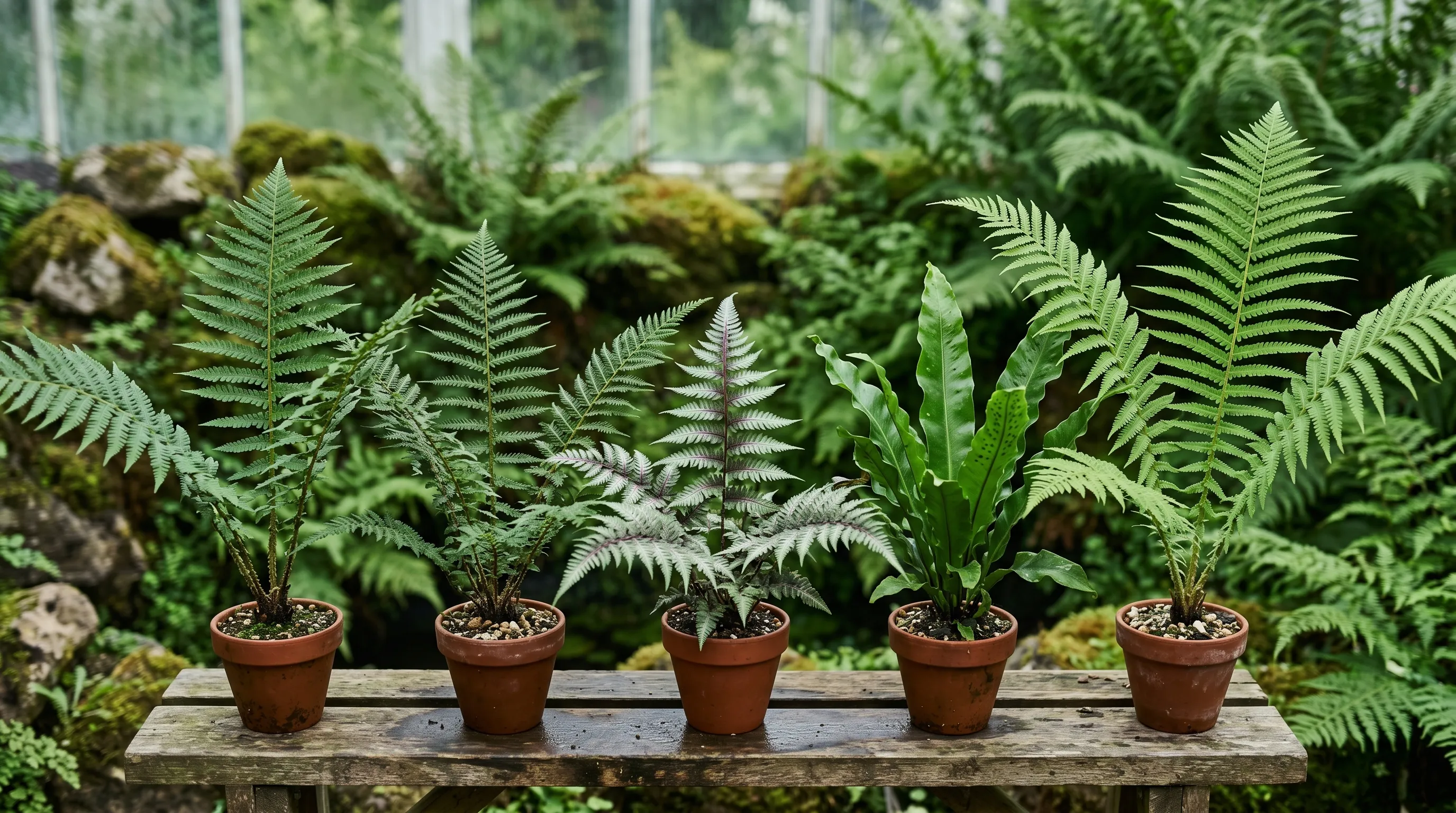 A diagnostic close-up of five UK hardy fern species side by side in a Staffordshire fernery showing the foliage forms: Dryopteris male fern, Polystichum soft shield, Athyrium painted fern, Asplenium hart's tongue, and Matteuccia ostrich fern