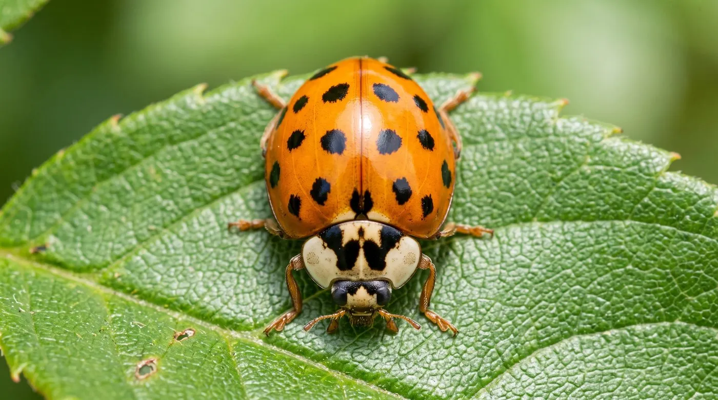 Harlequin ladybird on a leaf showing the orange wing cases with many black spots and the white pronotum with a black M mark