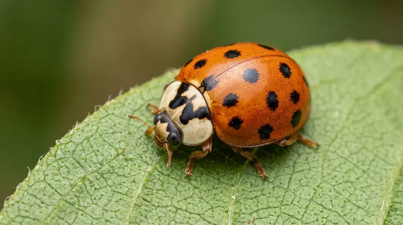 Harlequin ladybird Harmonia axyridis on a leaf showing orange wing cases with many black spots