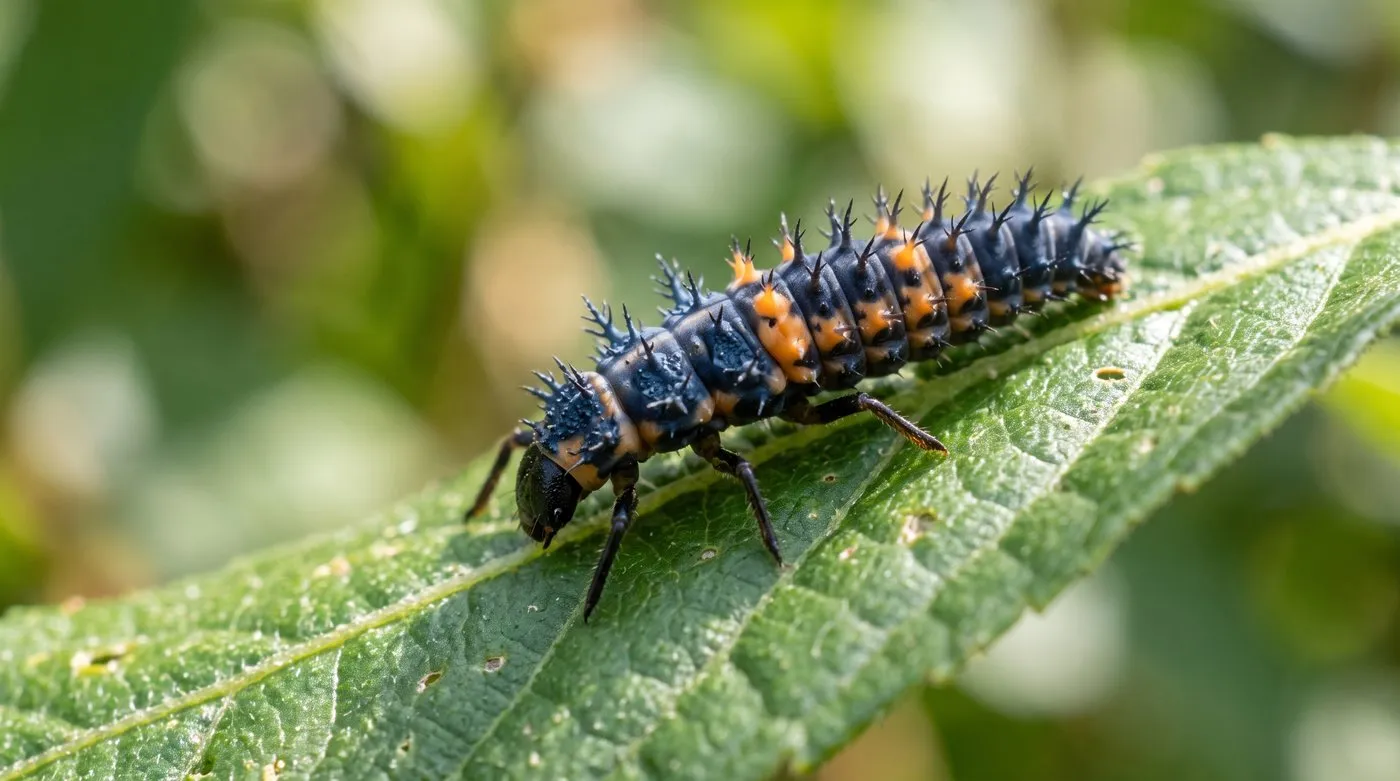 The distinctive black and orange spiky larva of a harlequin ladybird crawling on a leaf
