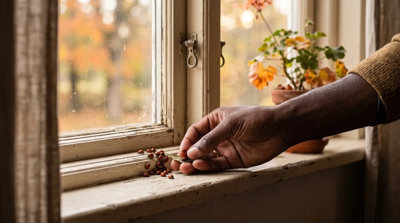 A hand gently collecting clustered harlequin ladybirds from a pale window frame indoors in autumn