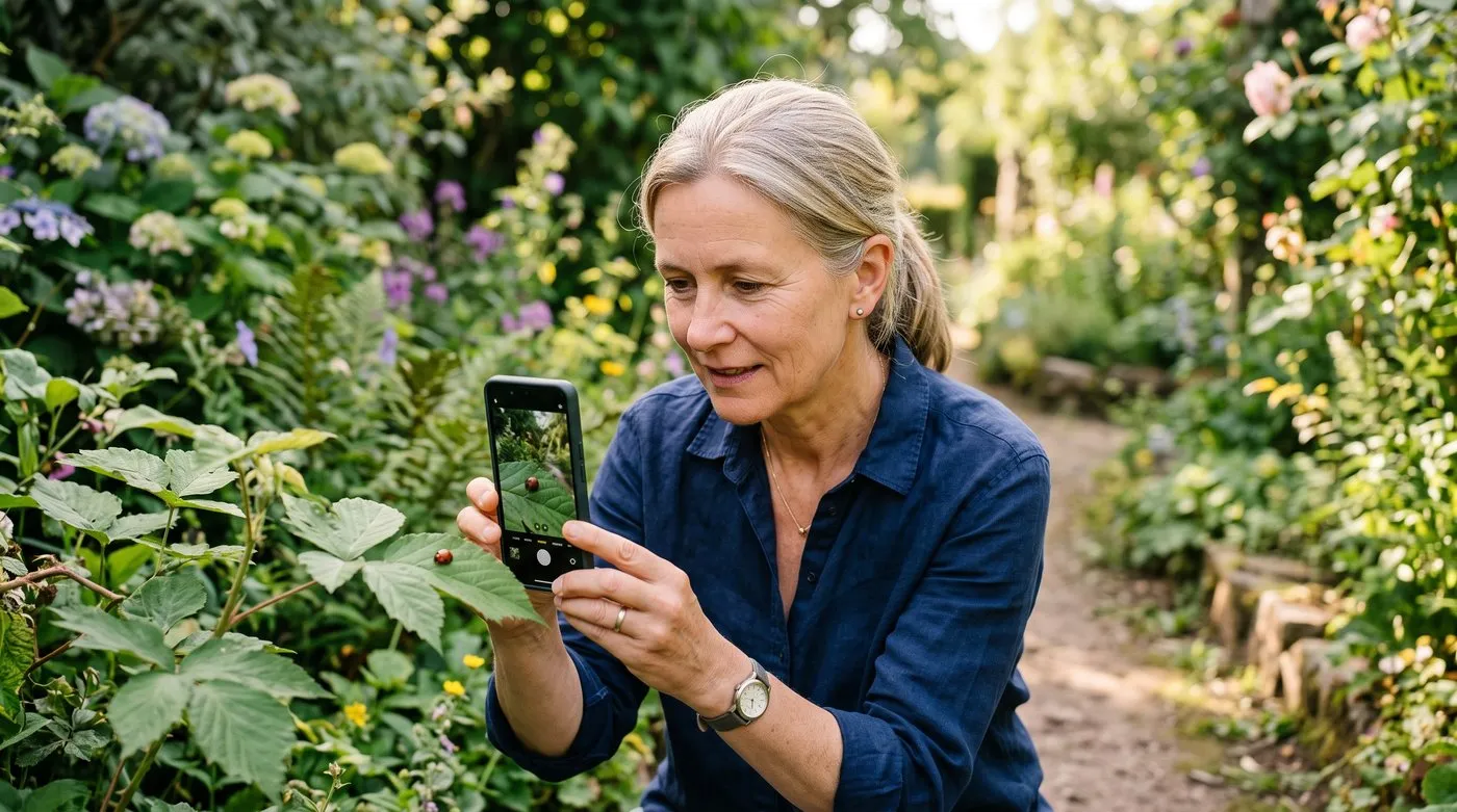 A person photographing a ladybird on a leaf with a phone in a UK garden to record it for a survey