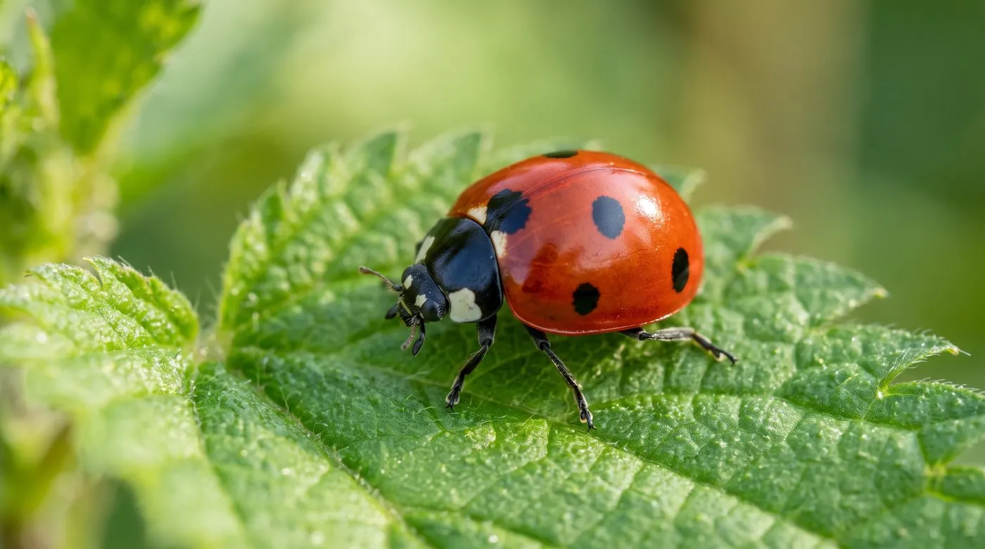 A native red 7-spot ladybird with exactly seven black spots and black legs on a green leaf for comparison