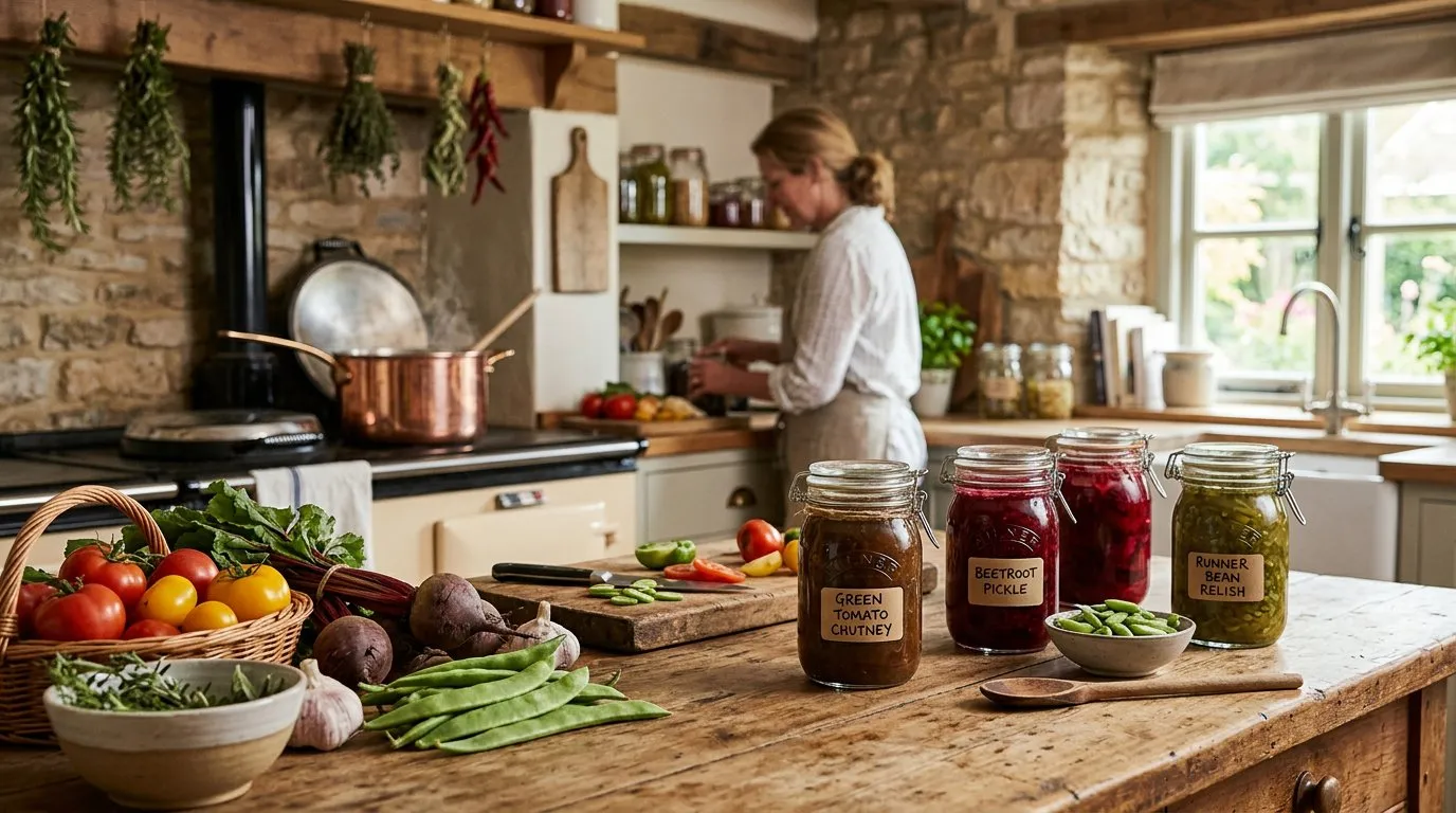 Preserving the harvest: jars of green tomato chutney, beetroot pickle and runner bean relish in a country kitchen