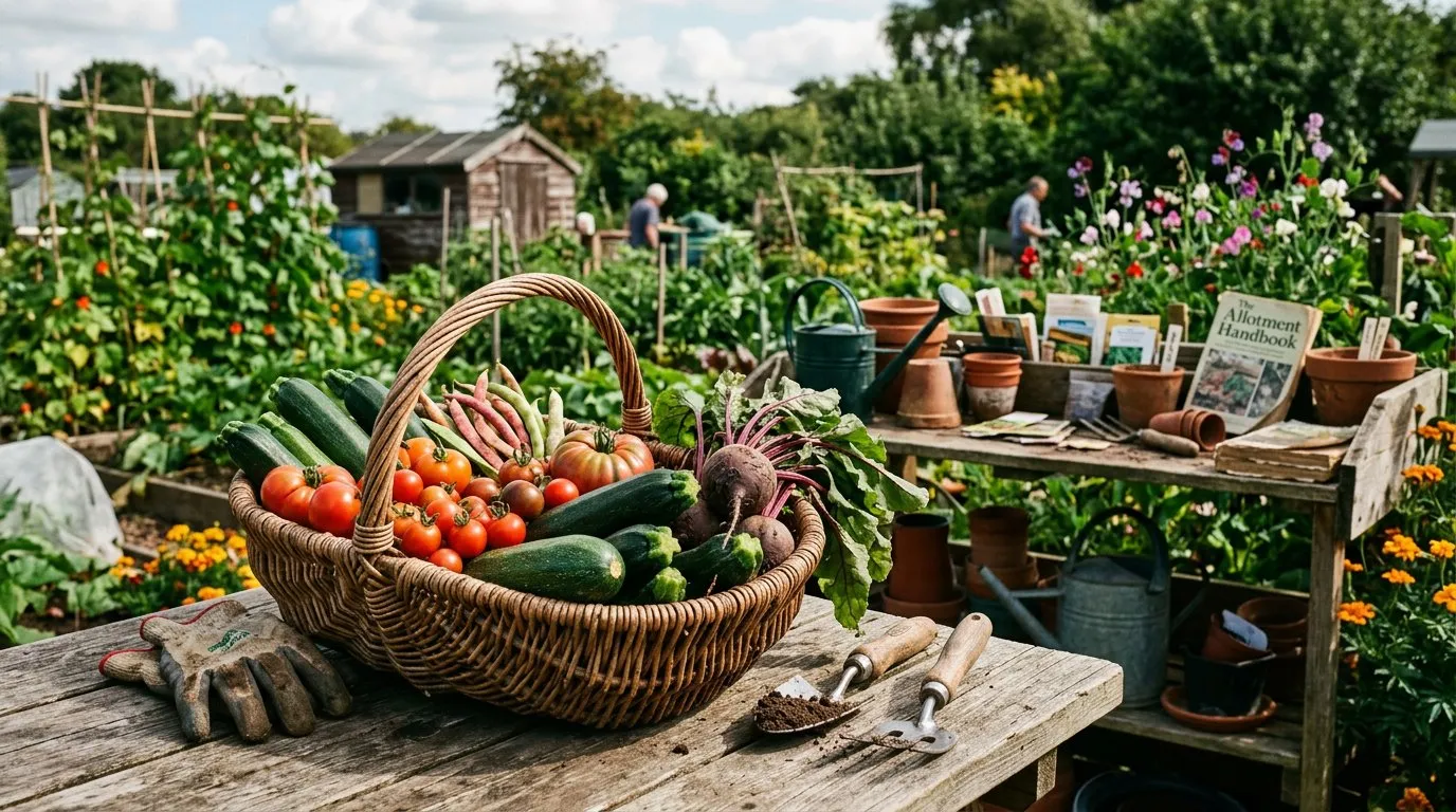 Freshly harvested selection of UK-grown vegetables and fruit in a wooden trug on a garden bench