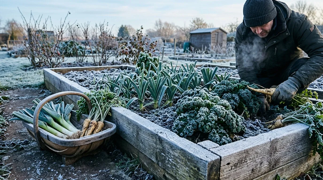 Winter harvest of frost-covered leeks, kale and parsnips in a raised bed on a cold January morning