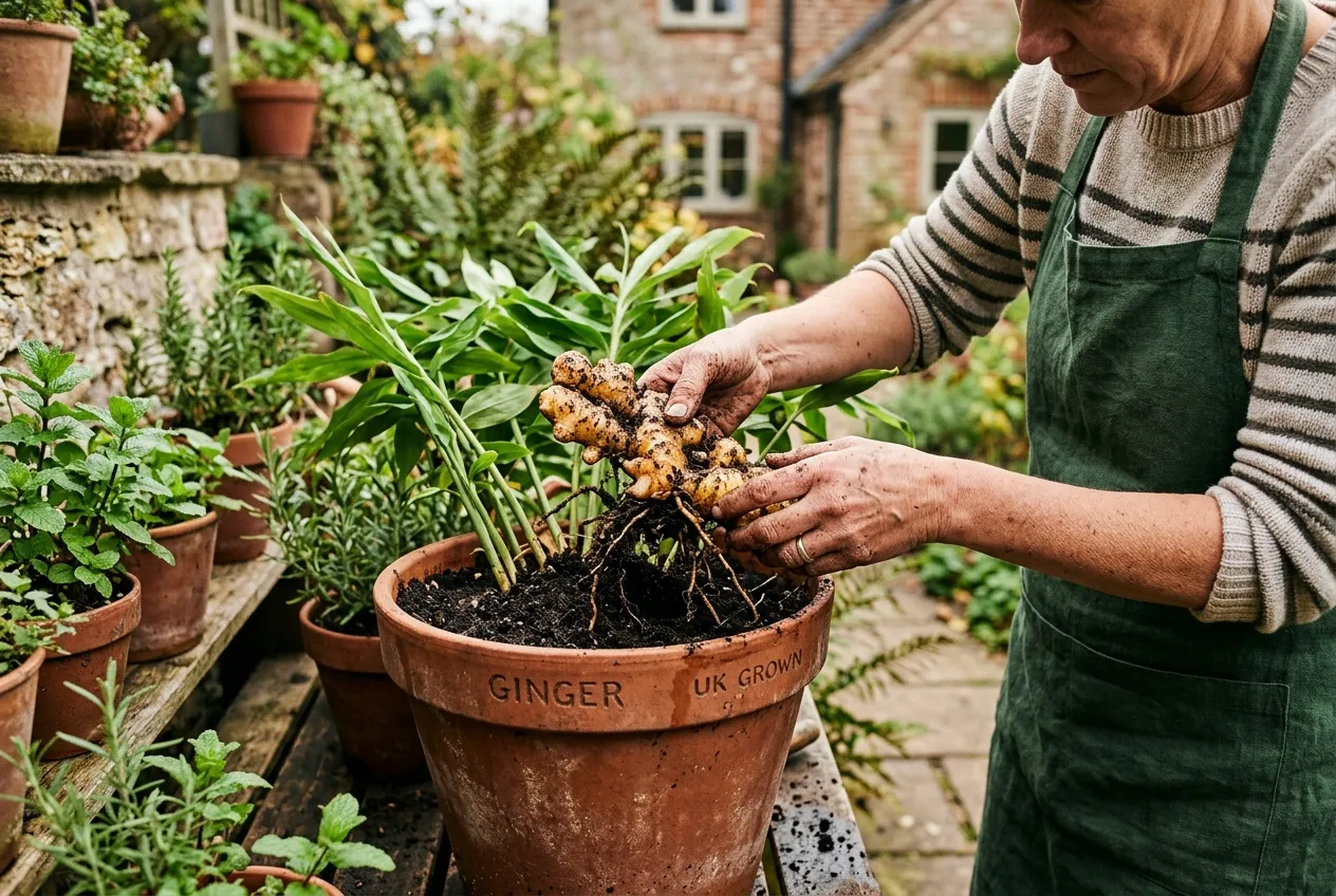 Hands harvesting fresh ginger root from a pot, golden rhizomes visible with soil