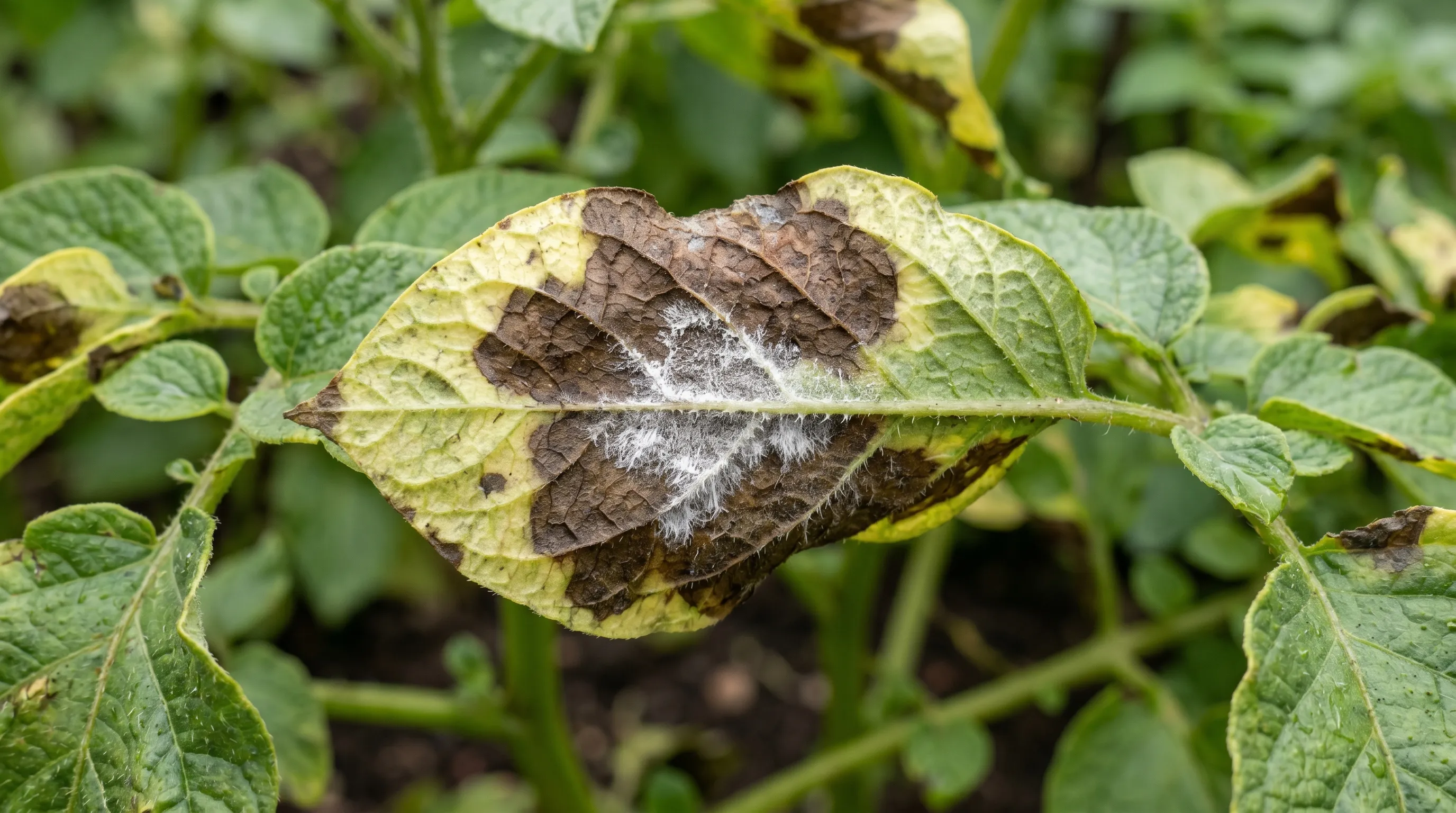 A diagnostic close-up of a UK potato leaf showing classic late blight infection with dark brown patches surrounded by pale yellow margins, plus white fungal growth visible on the underside