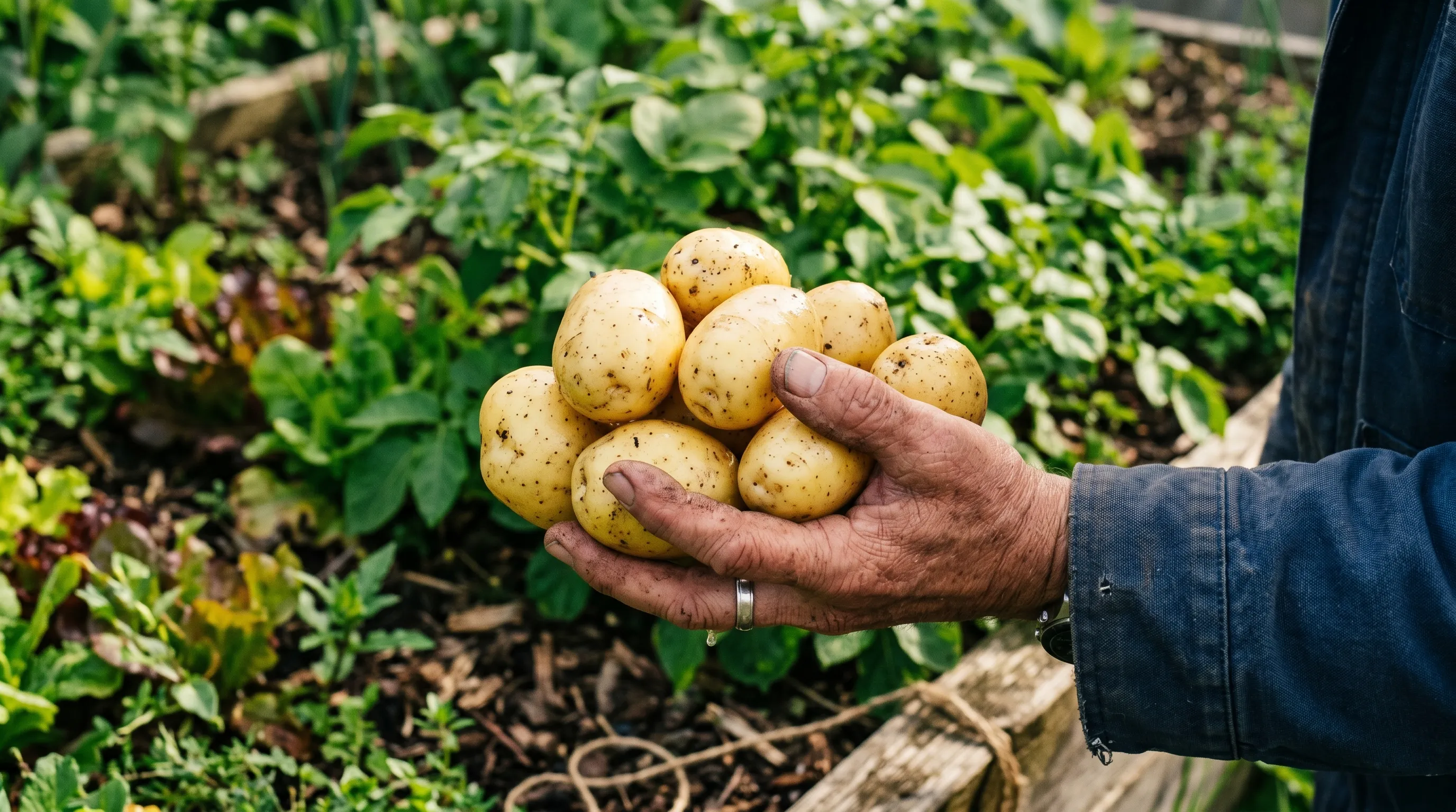 A UK gardener's hand holding a freshly washed cluster of Charlotte first early potatoes the size of hen's eggs, displayed against the green of the bed in late June afternoon sun