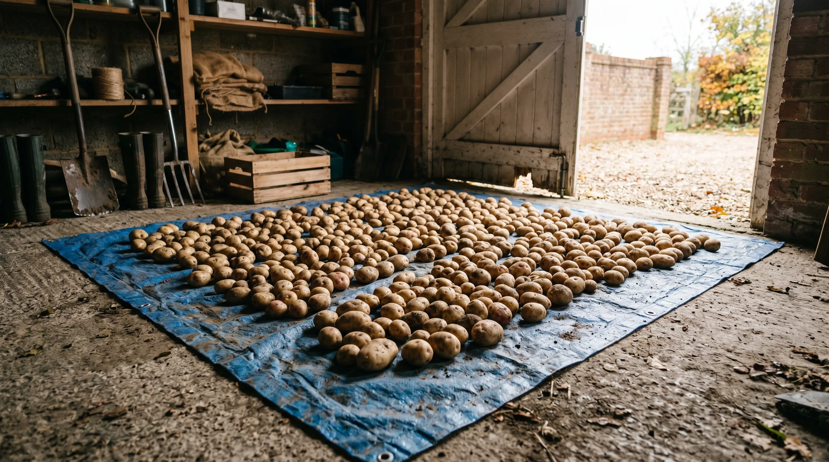 A UK garage floor laid with a tarpaulin holding lifted maincrop King Edward potatoes spread in a single layer for curing, with the garage door cracked open for ventilation