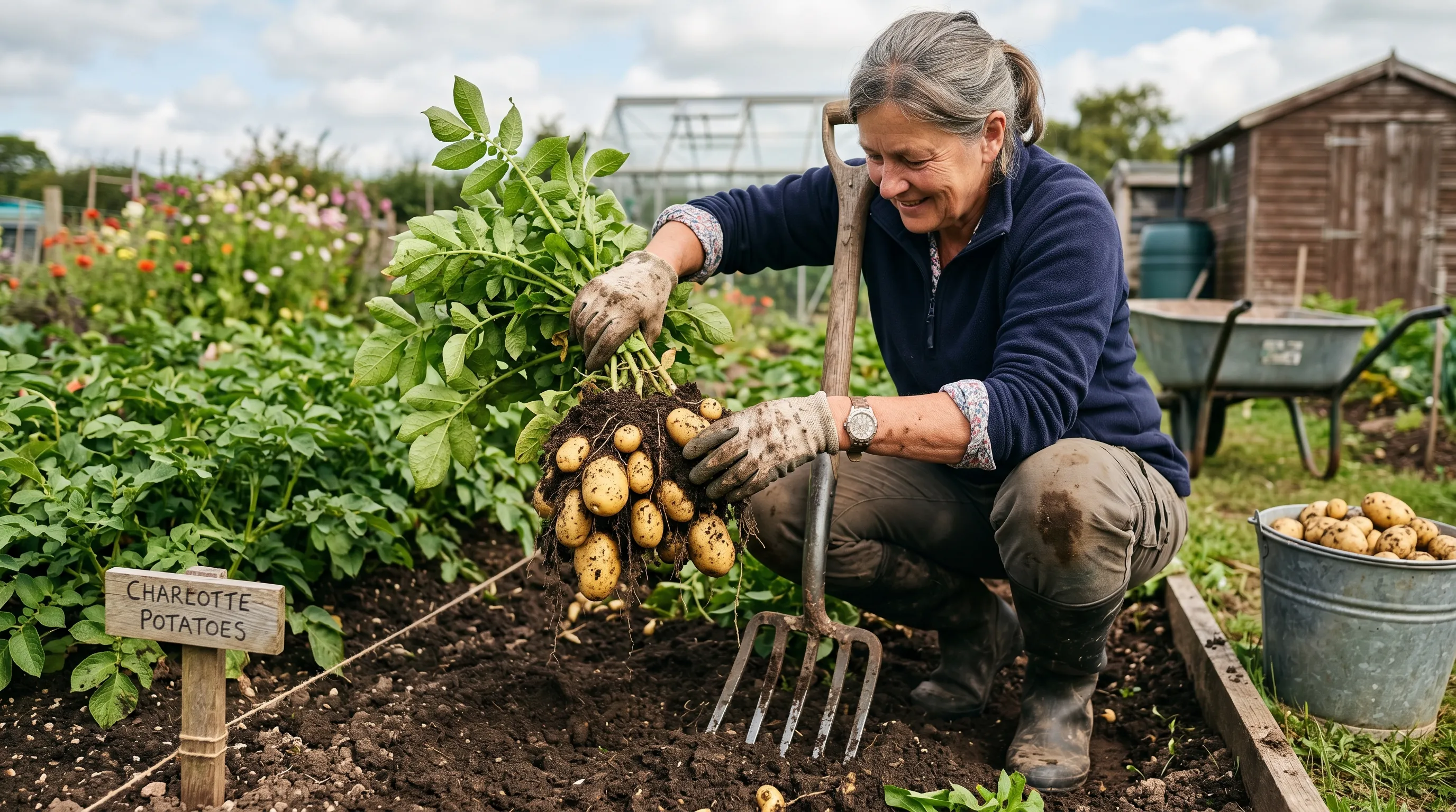 A UK gardener lifting a clump of Charlotte first early potatoes from a vegetable bed using a flat-tined potato fork, with golden tubers exposed in the soil and still attached to the haulm
