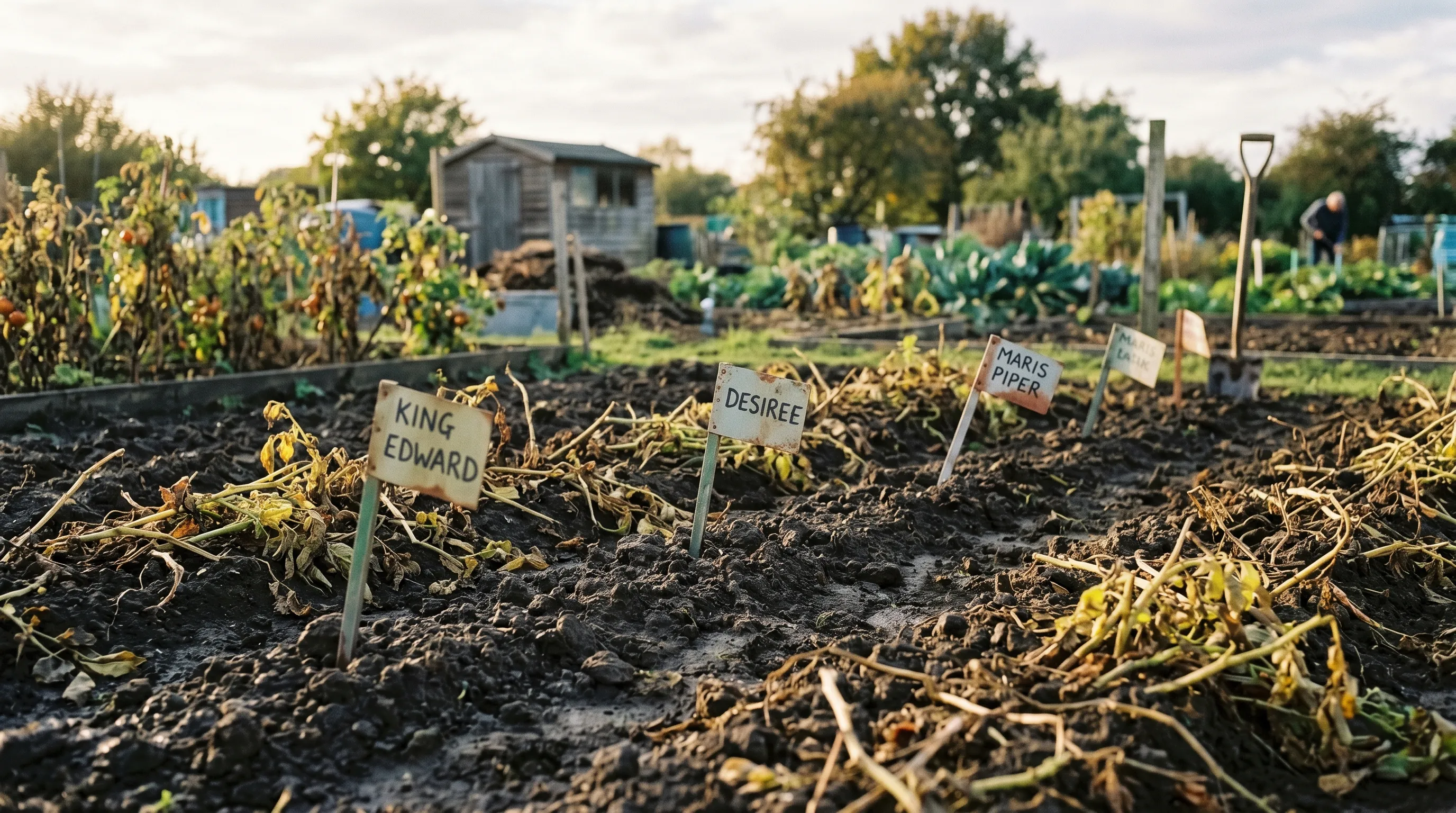 A UK allotment maincrop potato bed in late September after the haulms have been cut, with yellowed cut-back stems lying on the soil and small flags marking where each variety was planted