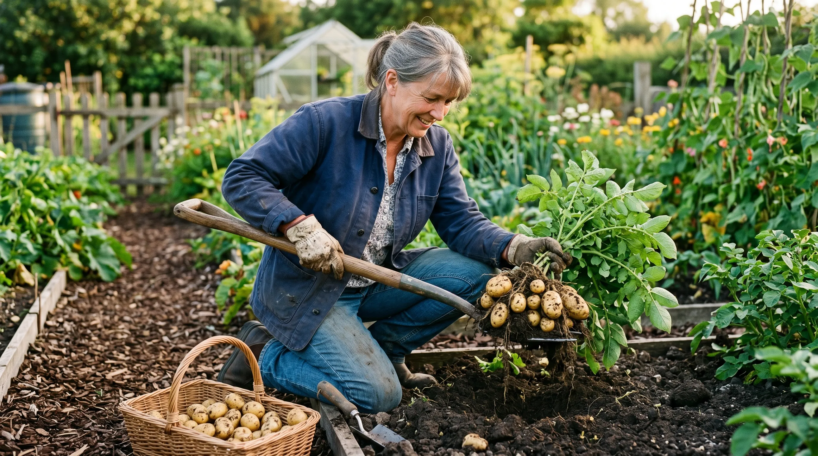 A UK gardener lifting a fork of first early potatoes from a vegetable bed in late June, with golden potatoes still attached to the haulm